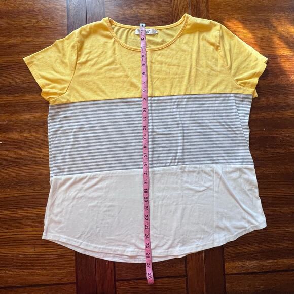 YunJey Yellow Gray White Tri Color Block Stripe Short Sleeve Top Plus 2XL Womens - Picture 13 of 13